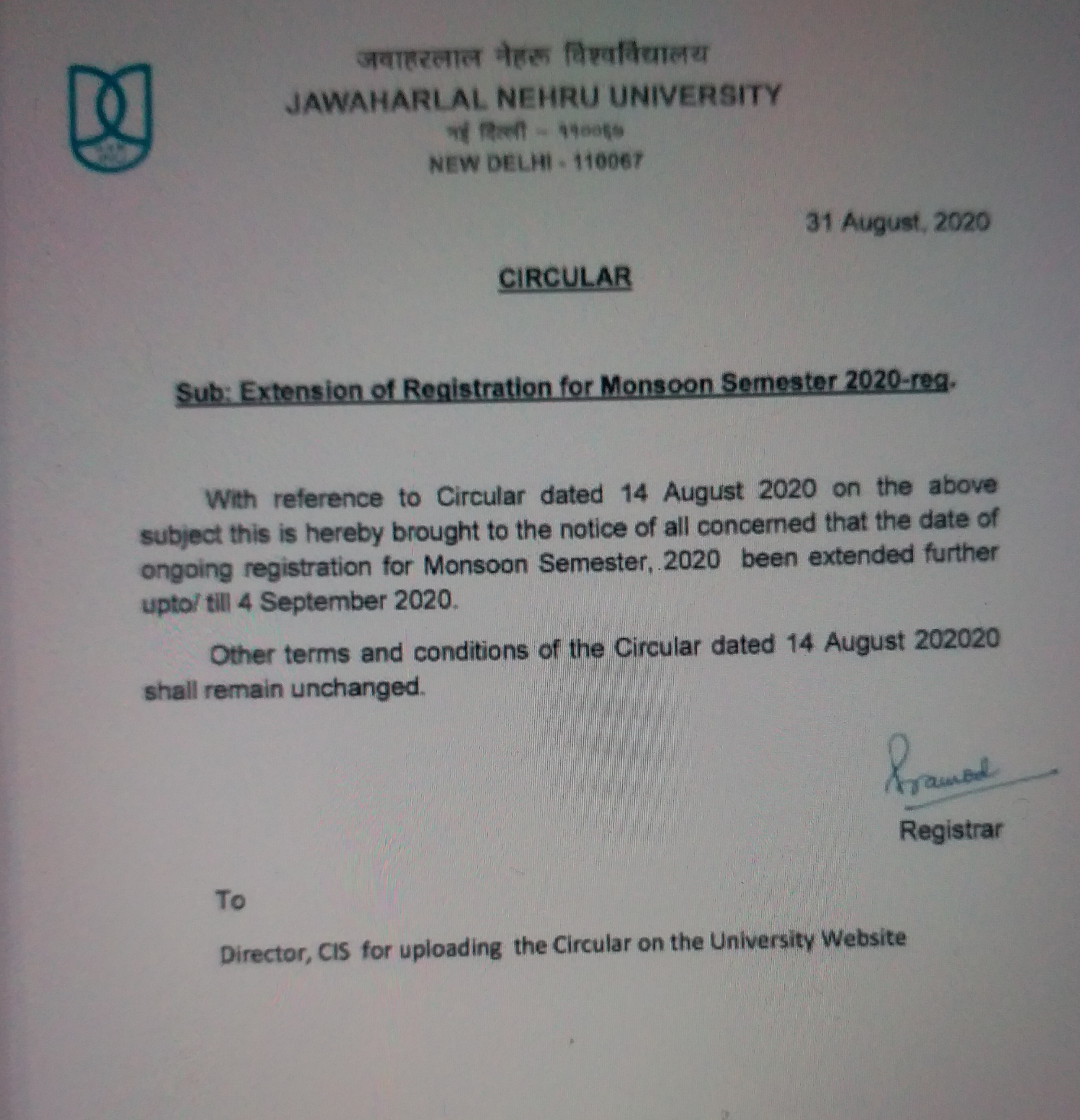 JNU semester registration date extended till four September