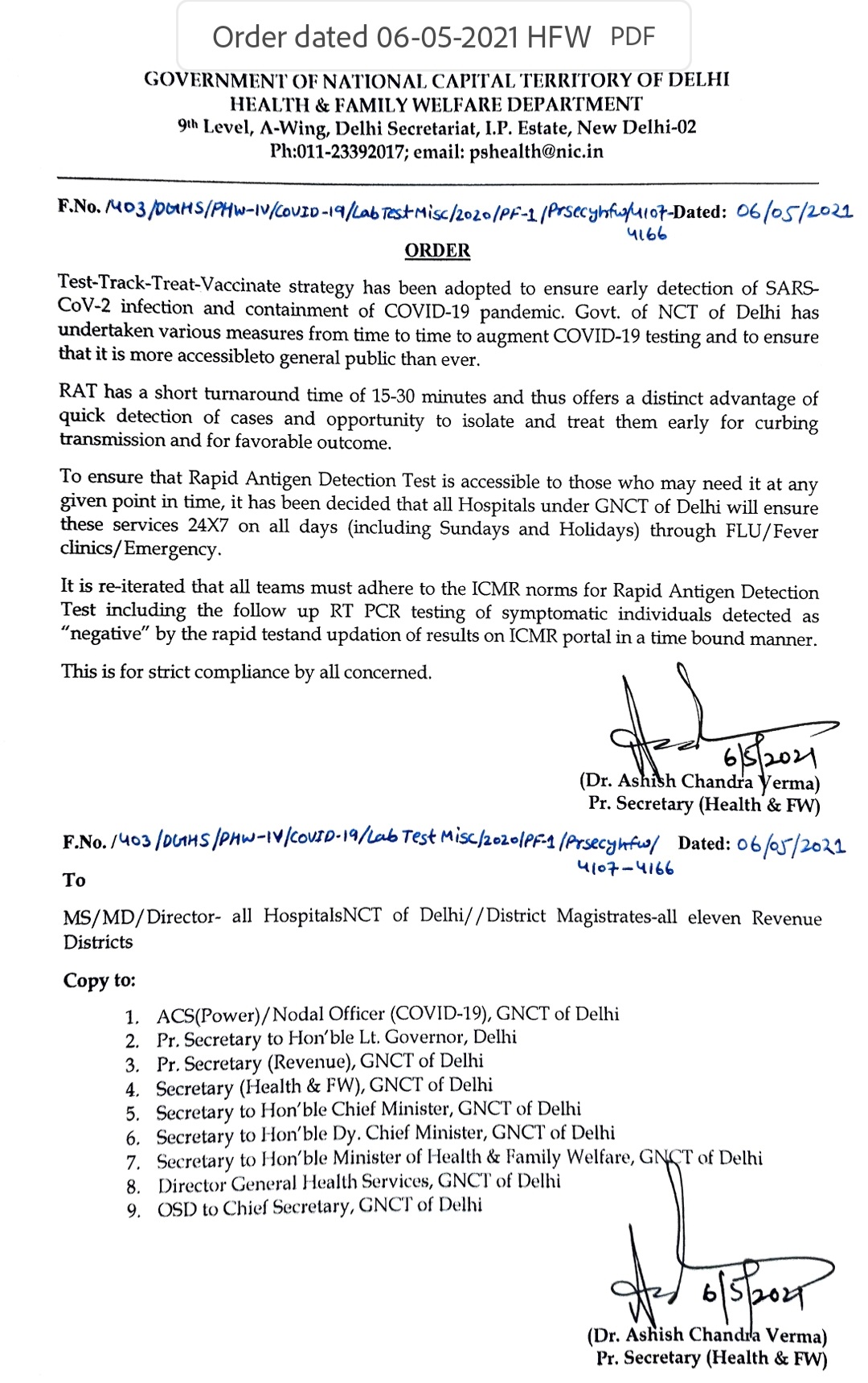 order for rapid antigen test facility in delhi government hospitals