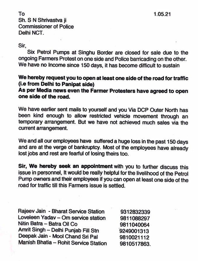 petrol pump owner of singhu border wroten a letter