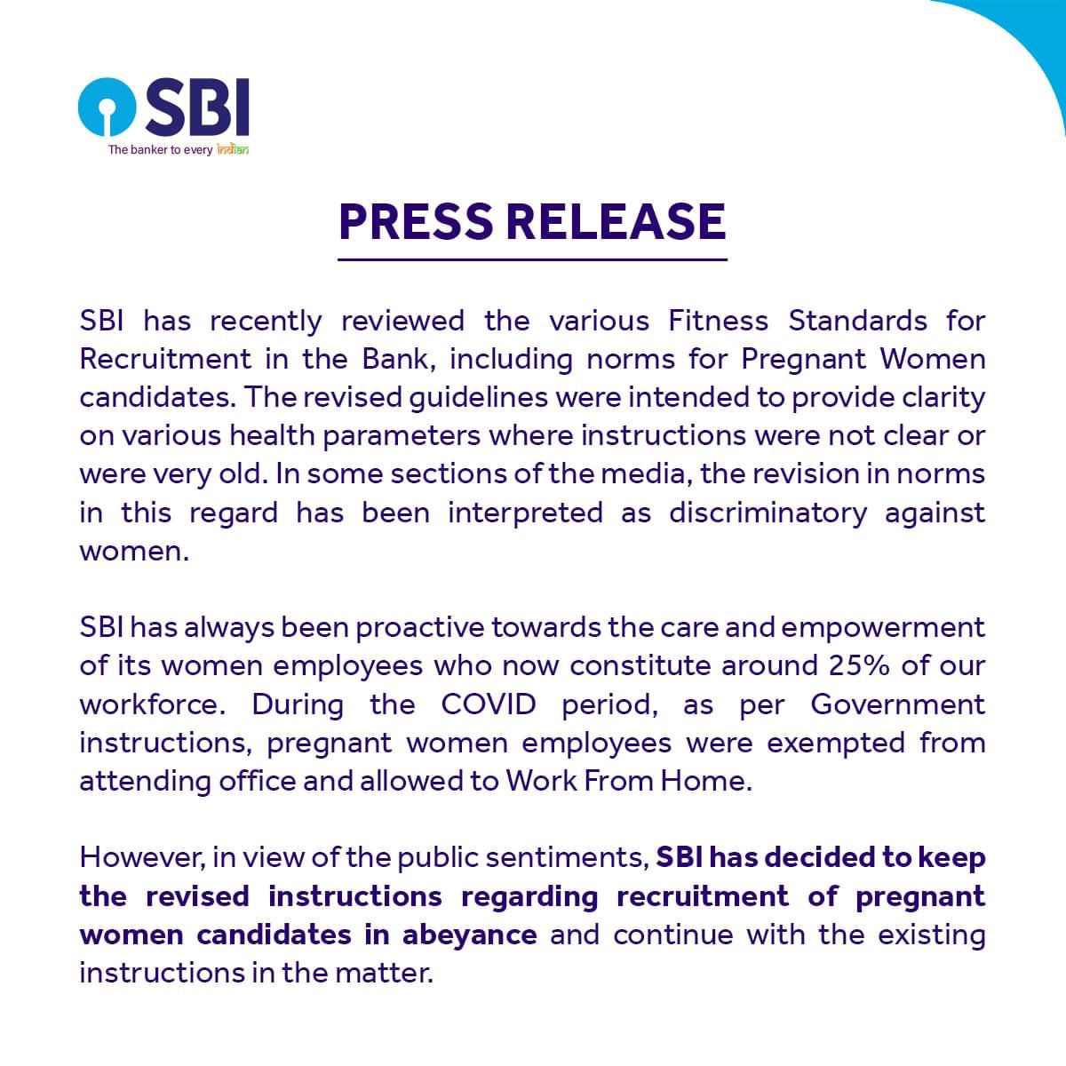 SBI withdraws recruitment rule against pregnant women after protests