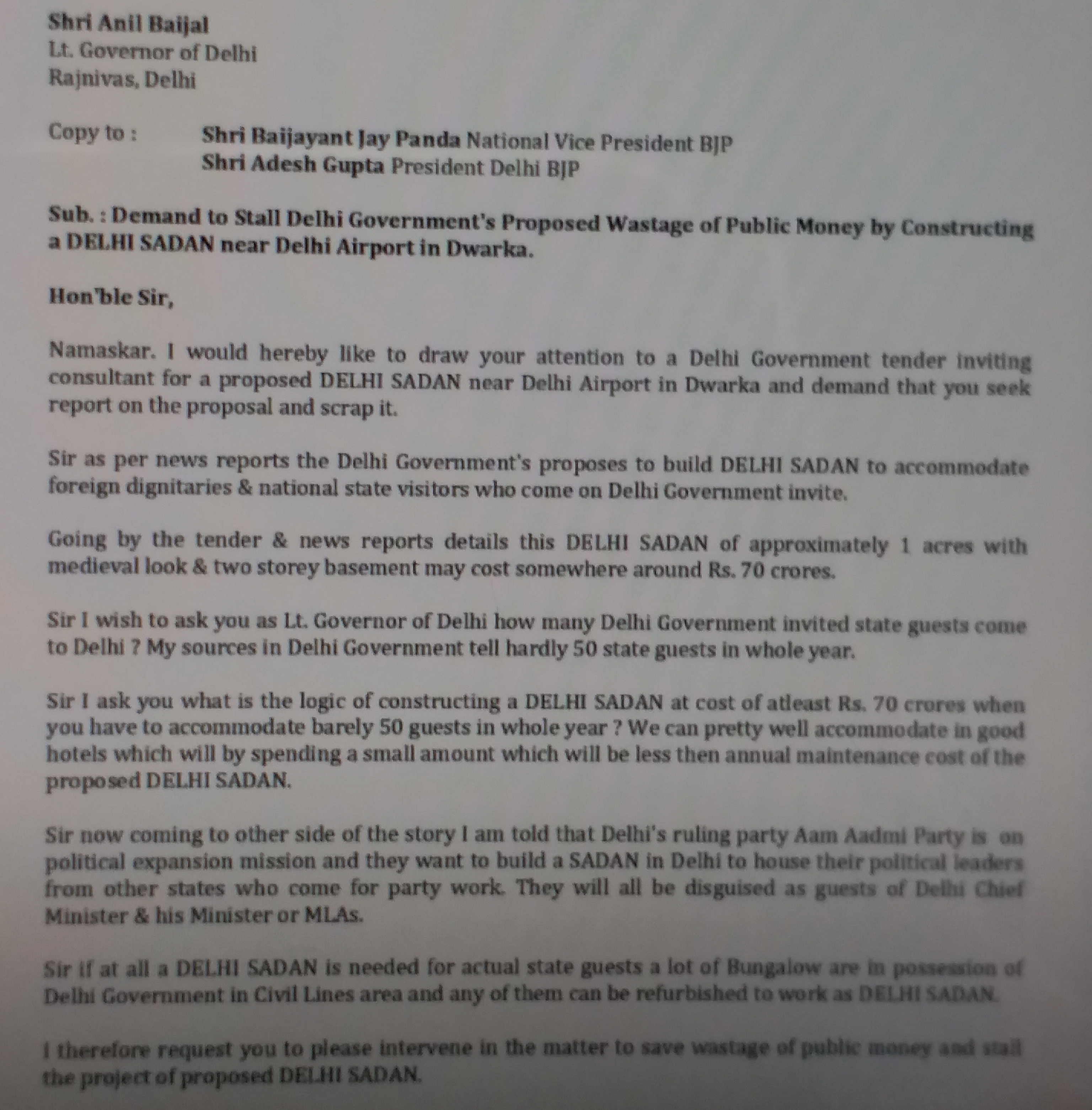 Delhi Sadan plan wasted BJP spokesperson wrote a letter to the LG