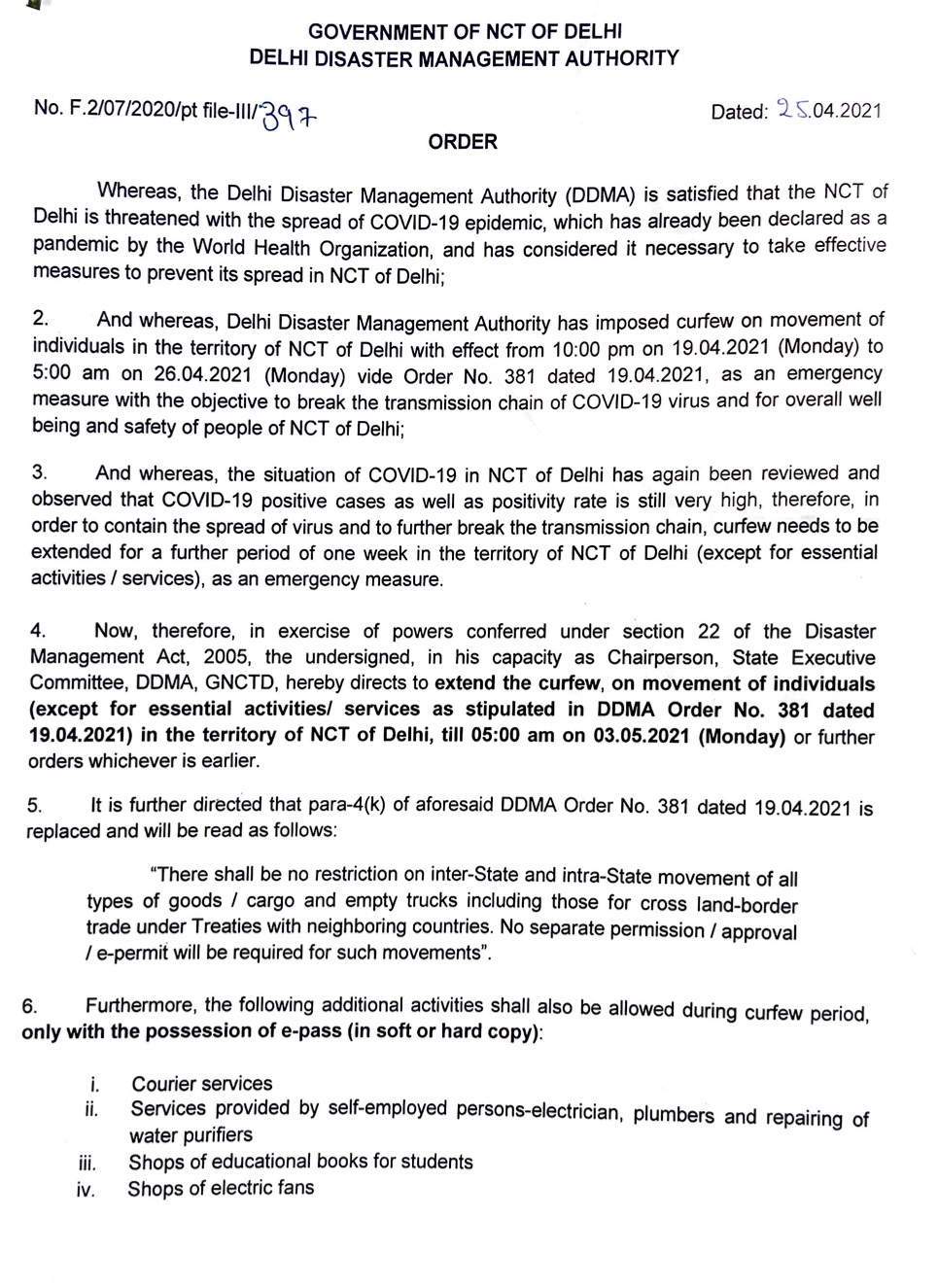 Copy of order issued by Delhi government