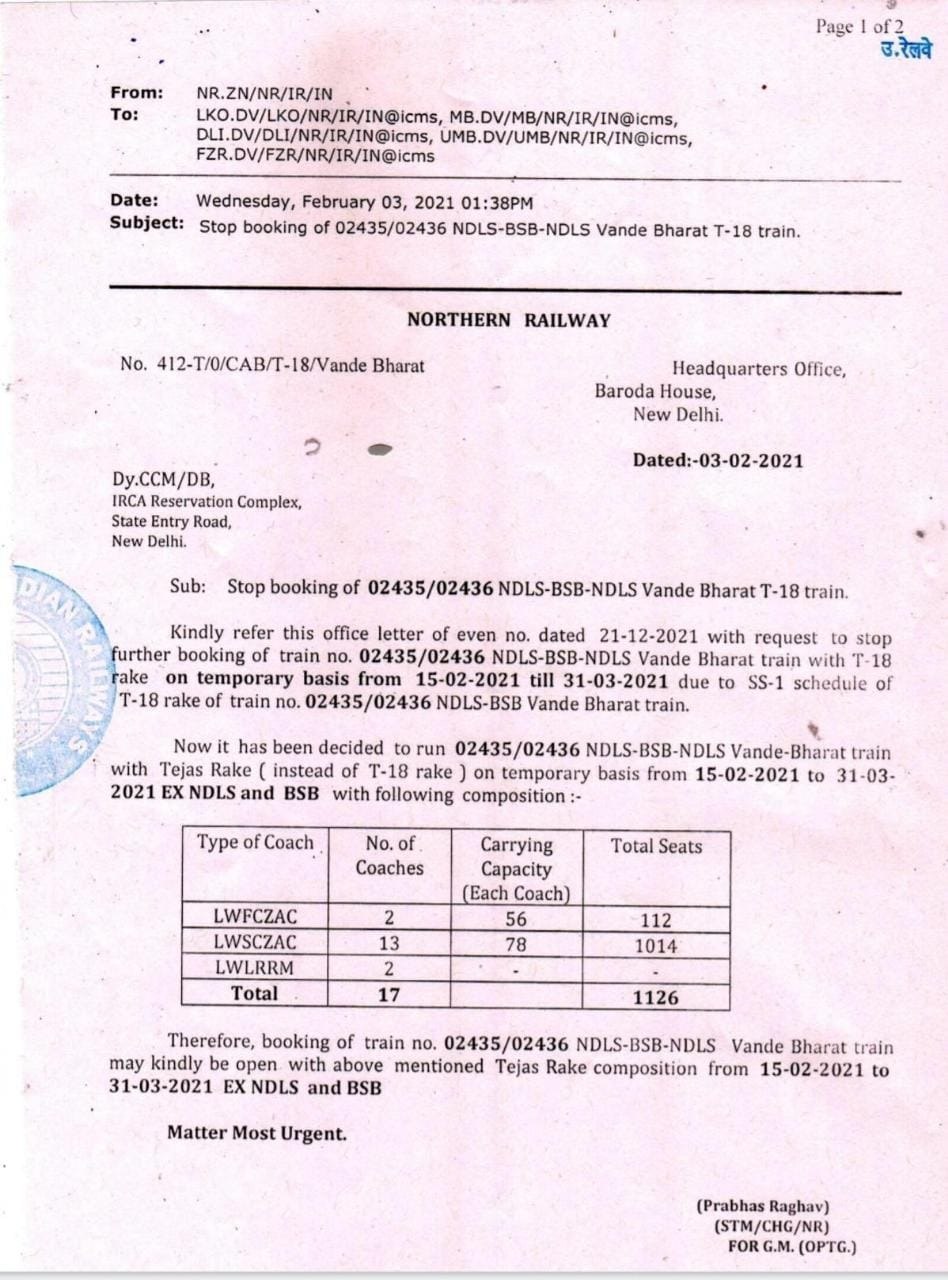 services of vande bharat at varanasi route halted