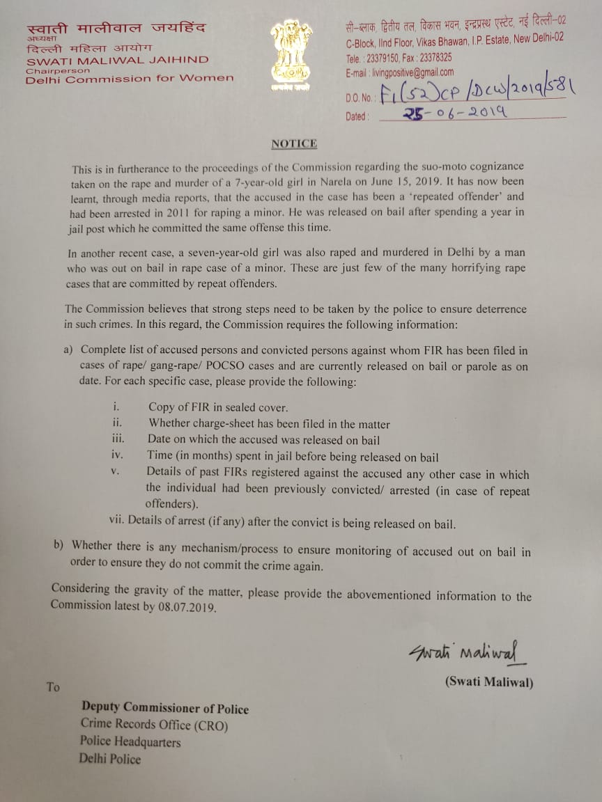 DCW issue notice to delhi police asking how many molestation accused are out with bail or parole