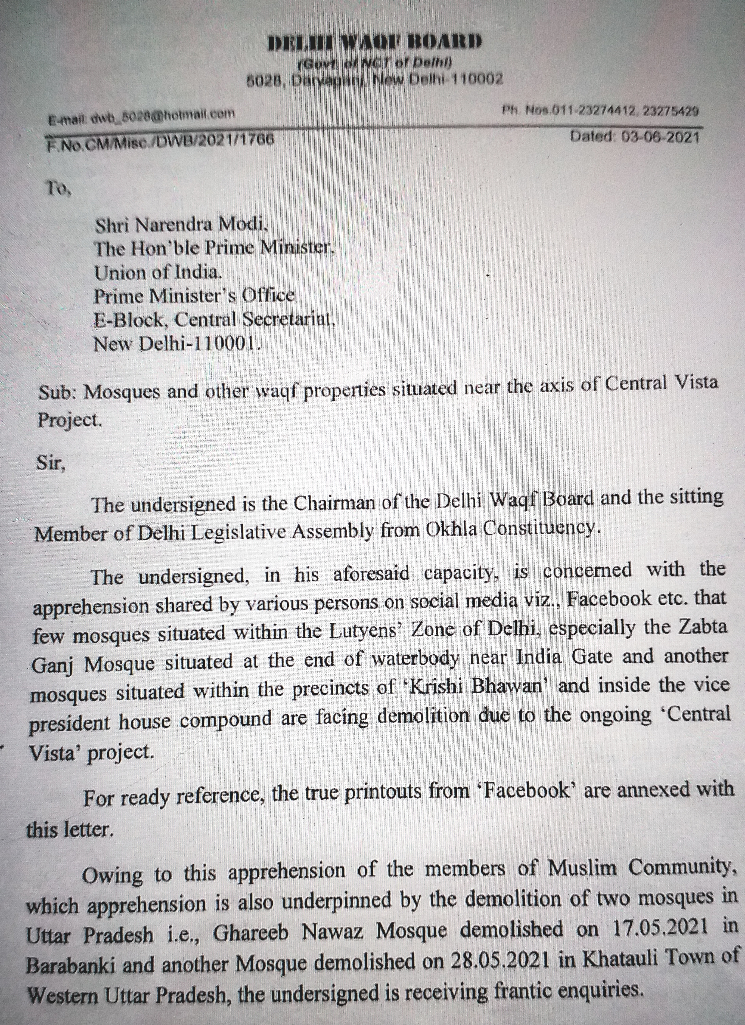 Delhi Waqf Board Chairman writes letter to PM