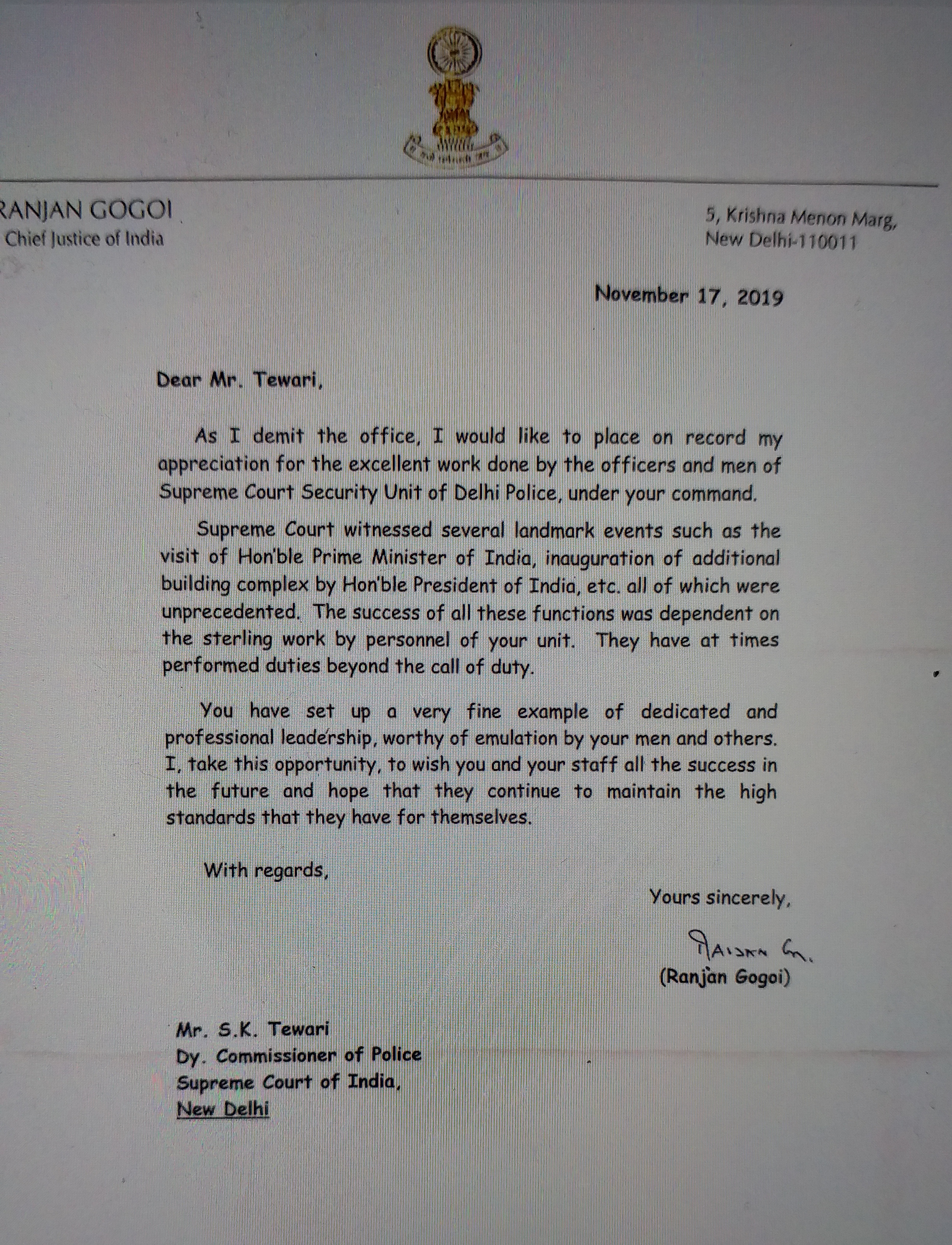 ex chief justice Ranjan gogoi gave appreciation letter to delhi police