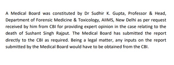 aiims statement over Dr. sudhir gupta comment in Sushant suicide case