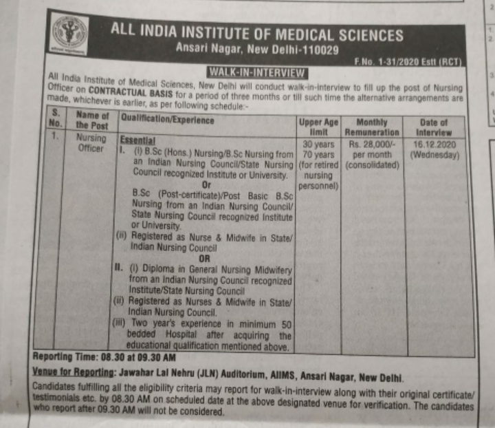 AIIMS invites walk in interview