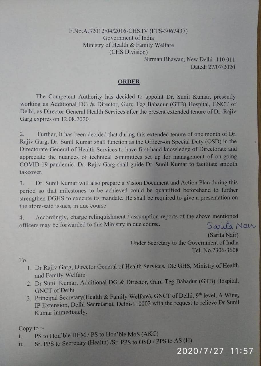 Order issued by Union Health Ministry