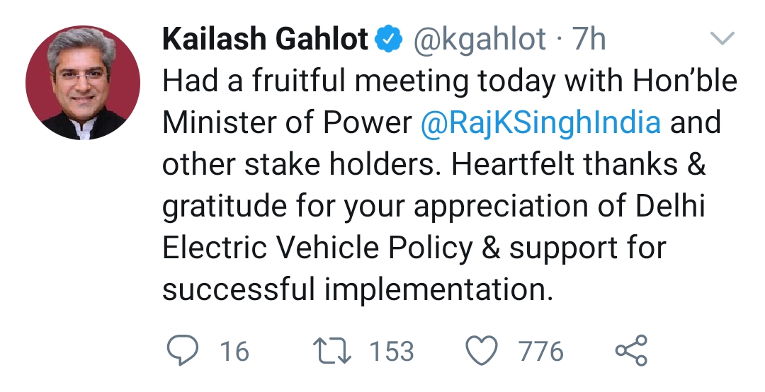 Kailash Gehlot discusses electric vehicle policy with Union Minister of State RK Singh