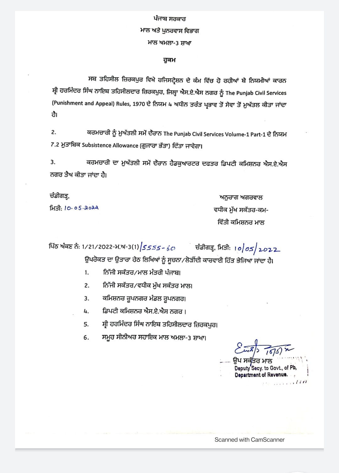 ਜ਼ੀਰਕਪੁਰ ਦਾ ਨਾਇਬ ਤਹਿਸੀਲਦਾਰ ਮੁਅੱਤਲ, ਲੱਗੇ ਇਹ ਇਲਜ਼ਾਮ