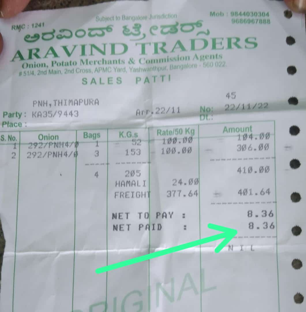 8 rs profit per 205 kg onion in Bengaluru market