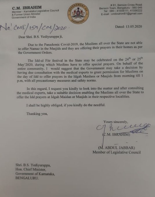 Ibrahim written to CM for Idd prayers