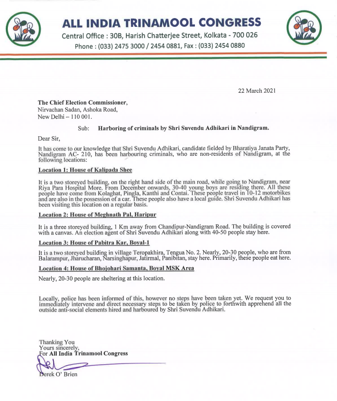 Trinamool's letter to ECI