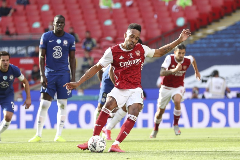 Pierre-Emerick Aubameyang attempting the penalty that ensured Arsenal's victory.