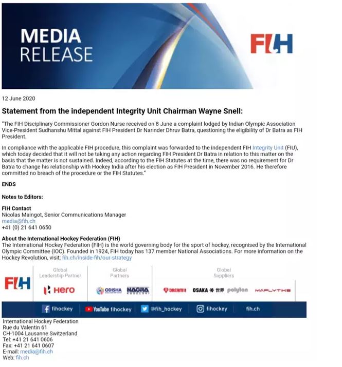 FIH Integrity Unit has issued a press release to clear their stand on President Narinder Batra.