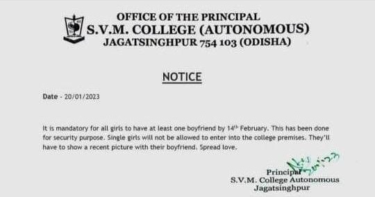Have boyfriends by Valentine's Day: College notice sparks controversy, Principal files complaint