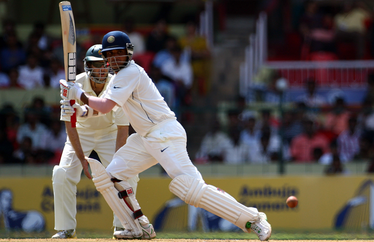 Ganguly dispatches a boundary though deep square leg against Australia in Nagpur.