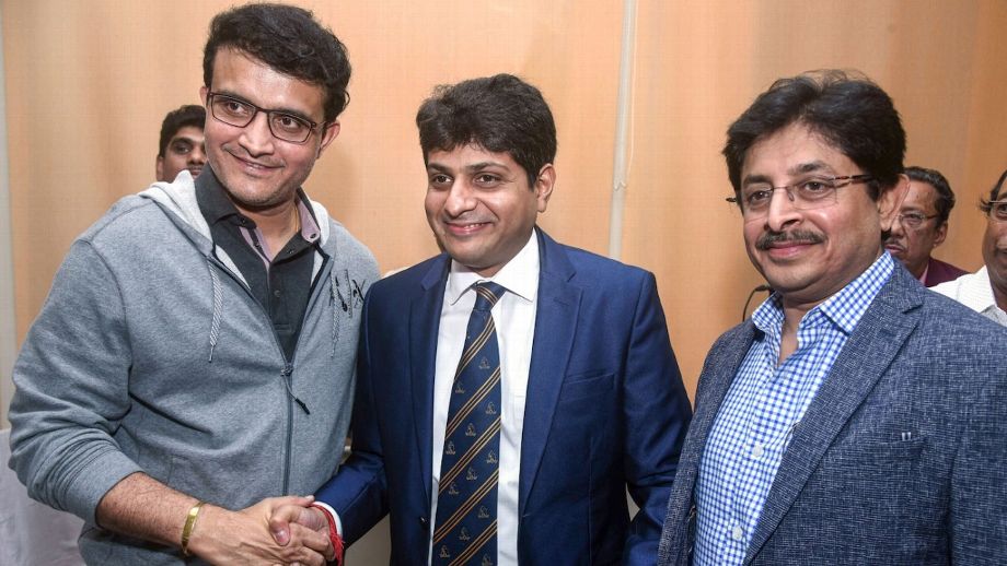 Sourav Ganguly with CAB President Avishek Dalmiya and Secretary Snehasish Ganguly.