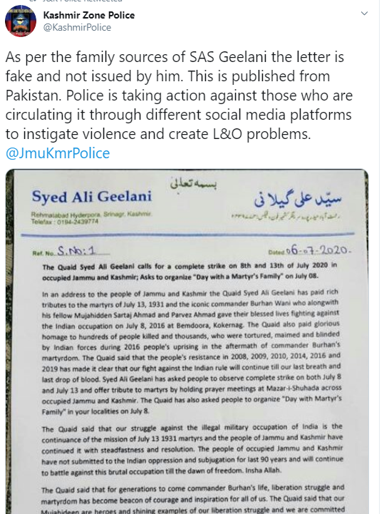 syed ali shah geelani letter is fake: police