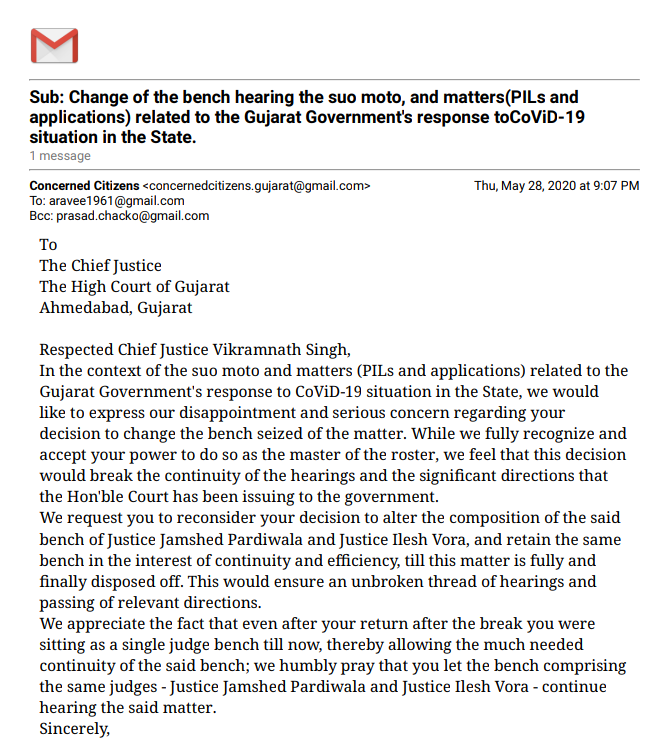 કોરોના મુદ્દે મહત્વના આદેશ આપનાર જૂની ડિવિઝન બેન્ચને જારી રાખવા હાઇકોર્ટના ચીફ જસ્ટિસને પત્ર લખાયો