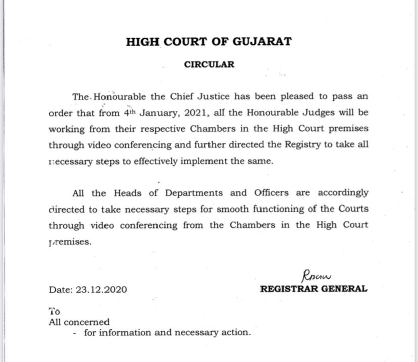 ગુજરાત હાઇકોર્ટના દરેક ન્યાયાધીશો 4 જાન્યુવારીથી ઓનલાઇન કેસ સાંભળશે