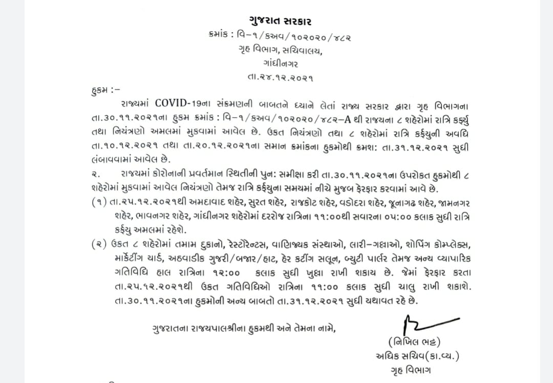 Night Curfew Extend in Gujarat: હવે 11થી સવારે 5 વાગ્યા સુધી રાત્રી કર્ફ્યૂ, જાહેરમાં નવા વર્ષની ઉજવણી રદ