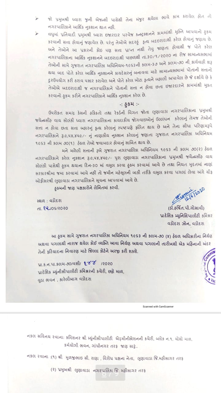 Lunawada Palika president incurs loss of Rs 9,54,459