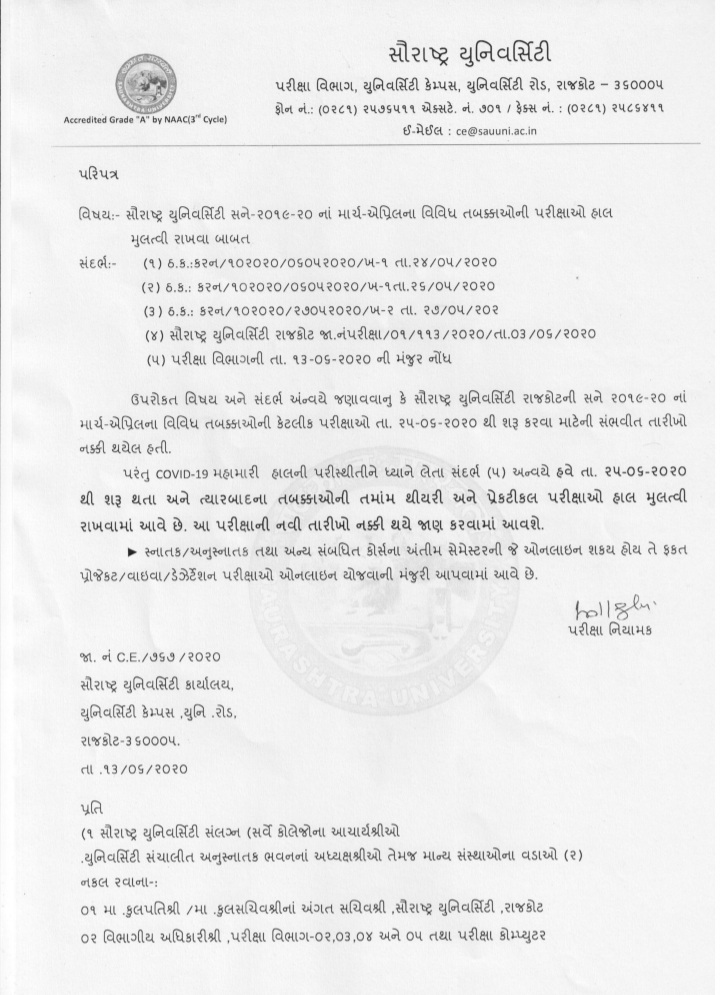 સૌરાષ્ટ્ર યુનિવર્સિટી દ્વારા 25 જૂને યોજાનાર પરિક્ષા મોકૂફ