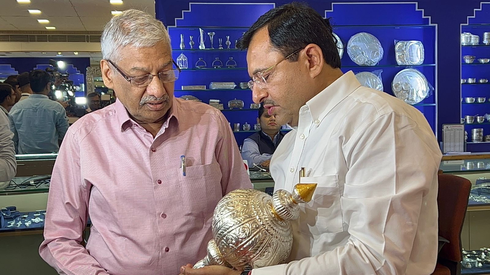 A specially handmade 1161 kg silver gada made by a cloth merchant in Surat to gift Baba Bageshwar Dhirendra Shastri