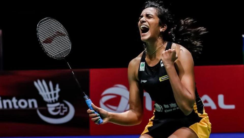 PV Sindhu celebrates after clinching her maiden BWF World Championships gold in Basel on Monday.