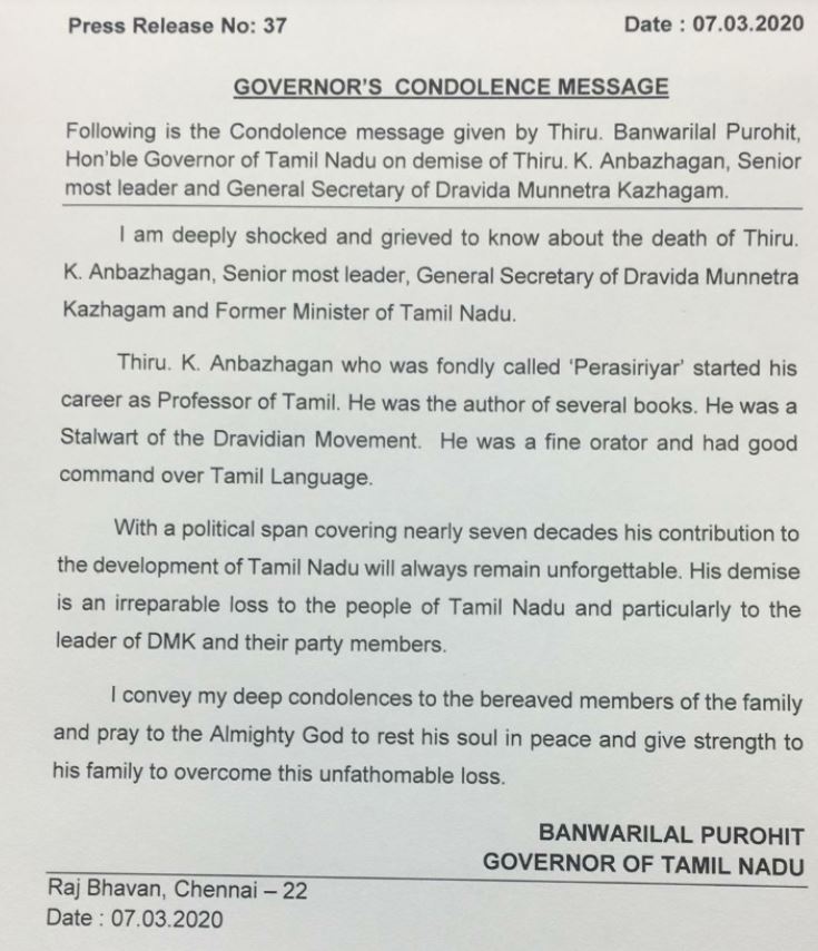 governor Banwarilal Purohit condolences for Anbazagan death