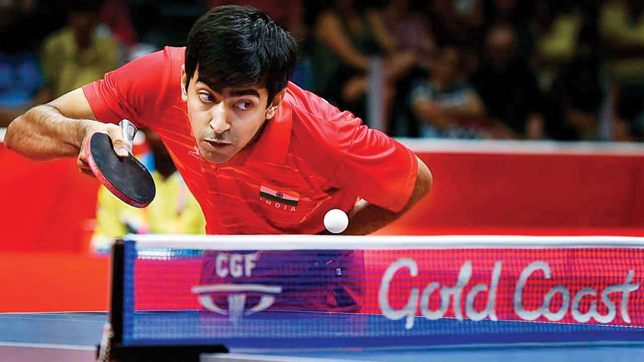 Harmeet Desai during a men's singles match in the 2018 Commonwealth Games.