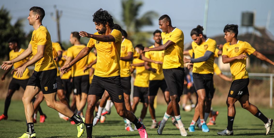 Hyderabad FC players during a training session ahead of their ISL 2020-2021 season opener against Odisha FC on Monday.