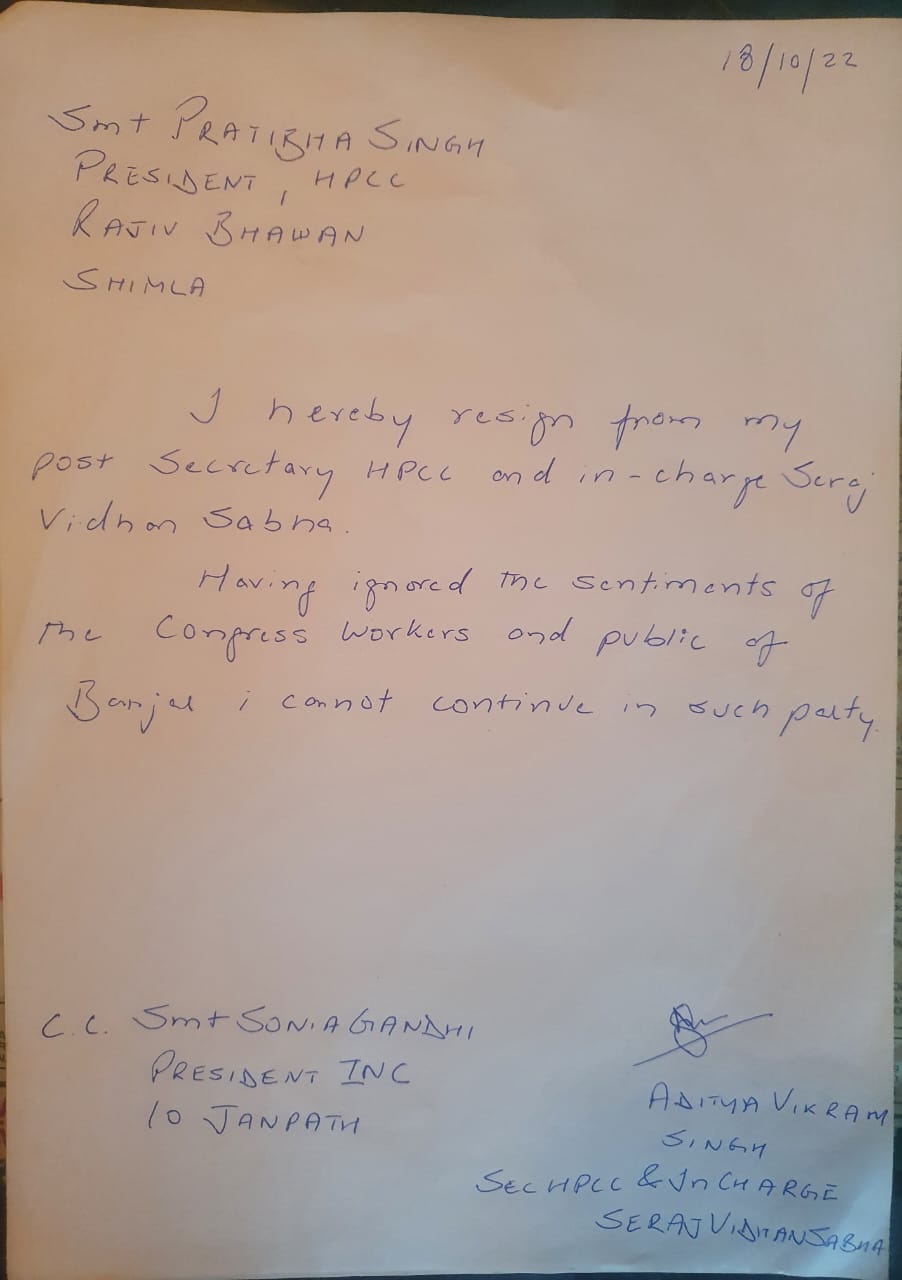 Aditya Vikram Singh resigned from congress