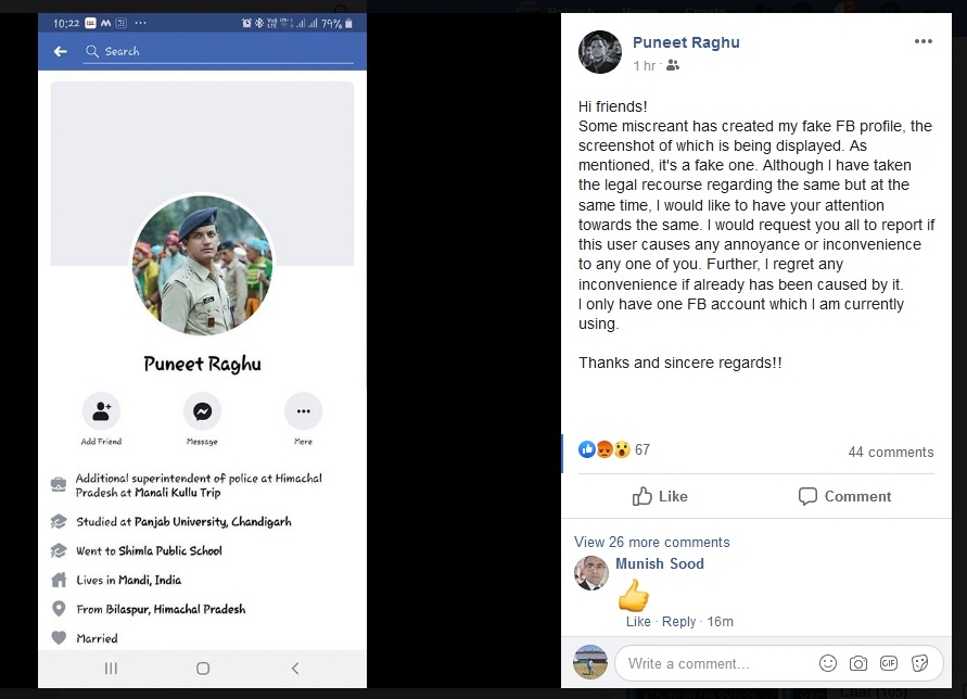 mandi, मंडी, fake Facebook account, asp puneet raghu