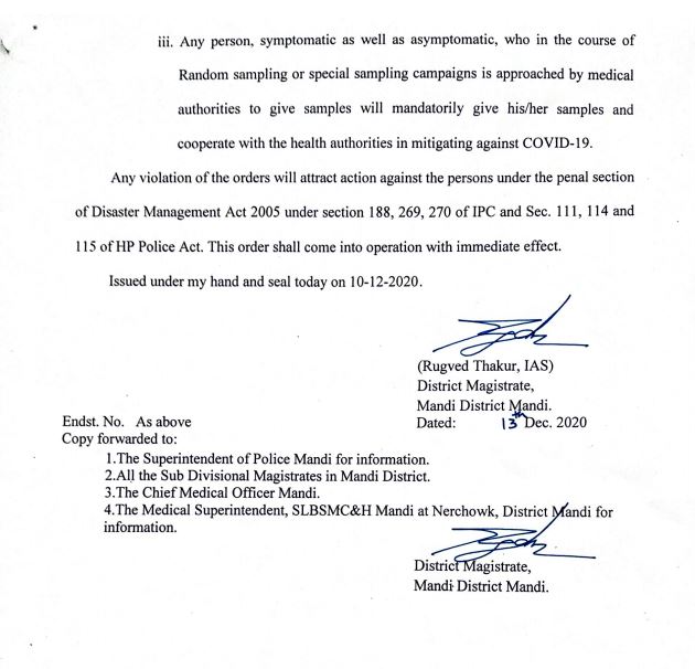 Notification issued under Disaster Management Act regarding corona test sampling in Mandi