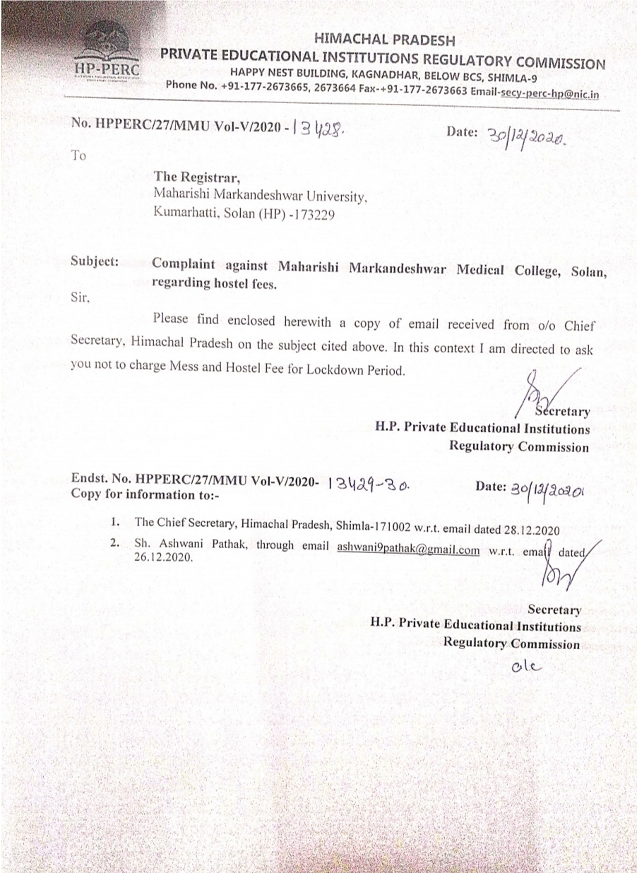 Regulatory commission issued notice to Maharishi Markandeshwar Medical College Solan