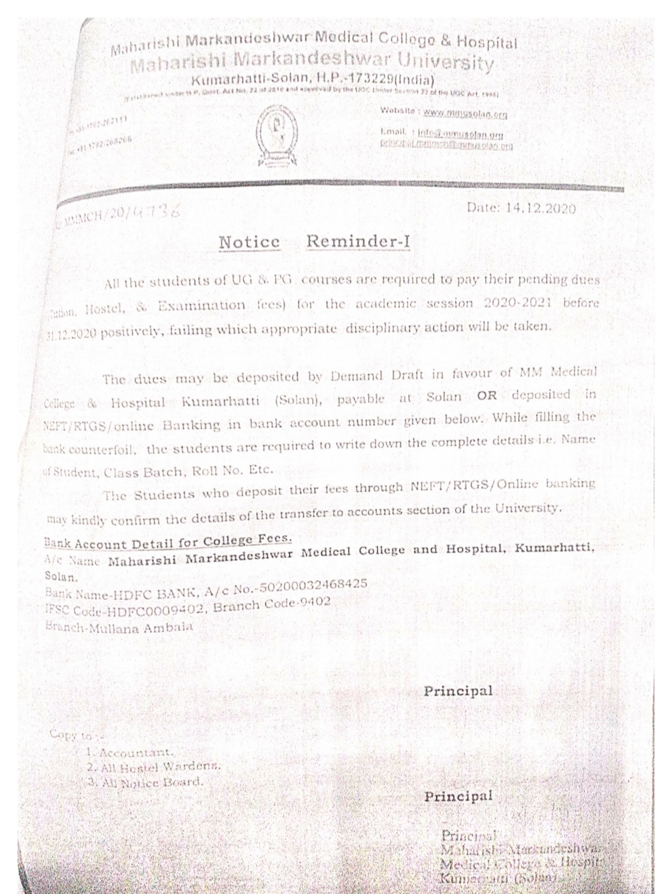 Regulatory commission issued notice to Maharishi Markandeshwar Medical College Solan