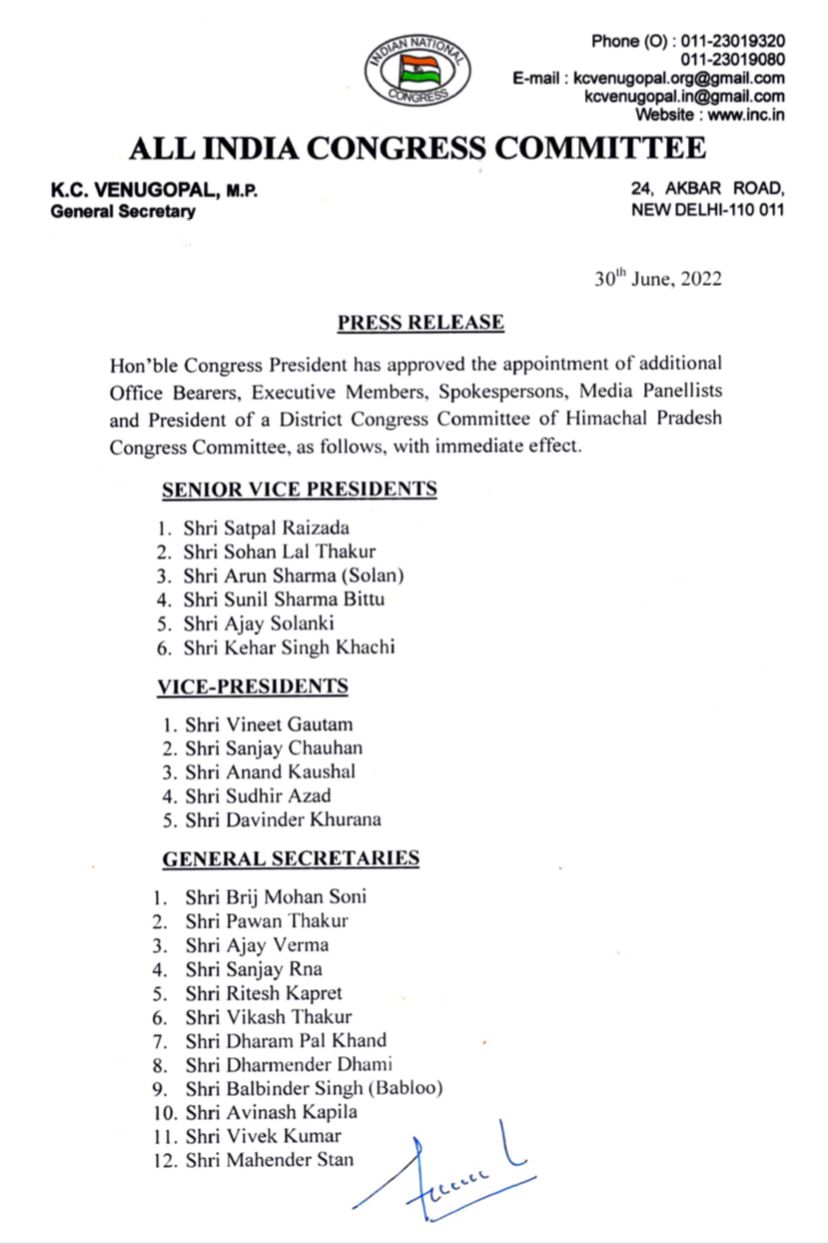 Himachal Congress Executive 2nd List