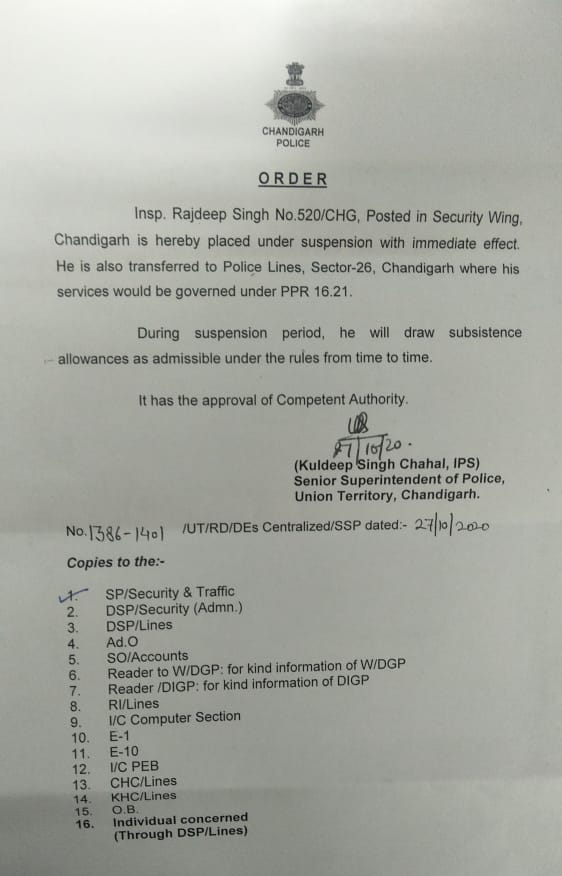 ssp kuldeep singh chahal suspended Inspector in chandigarh