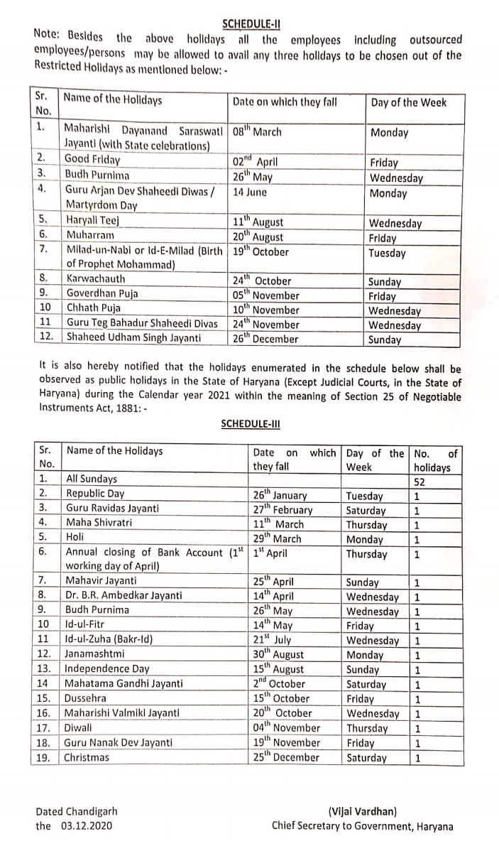 haryana 2021 year holiday calendar