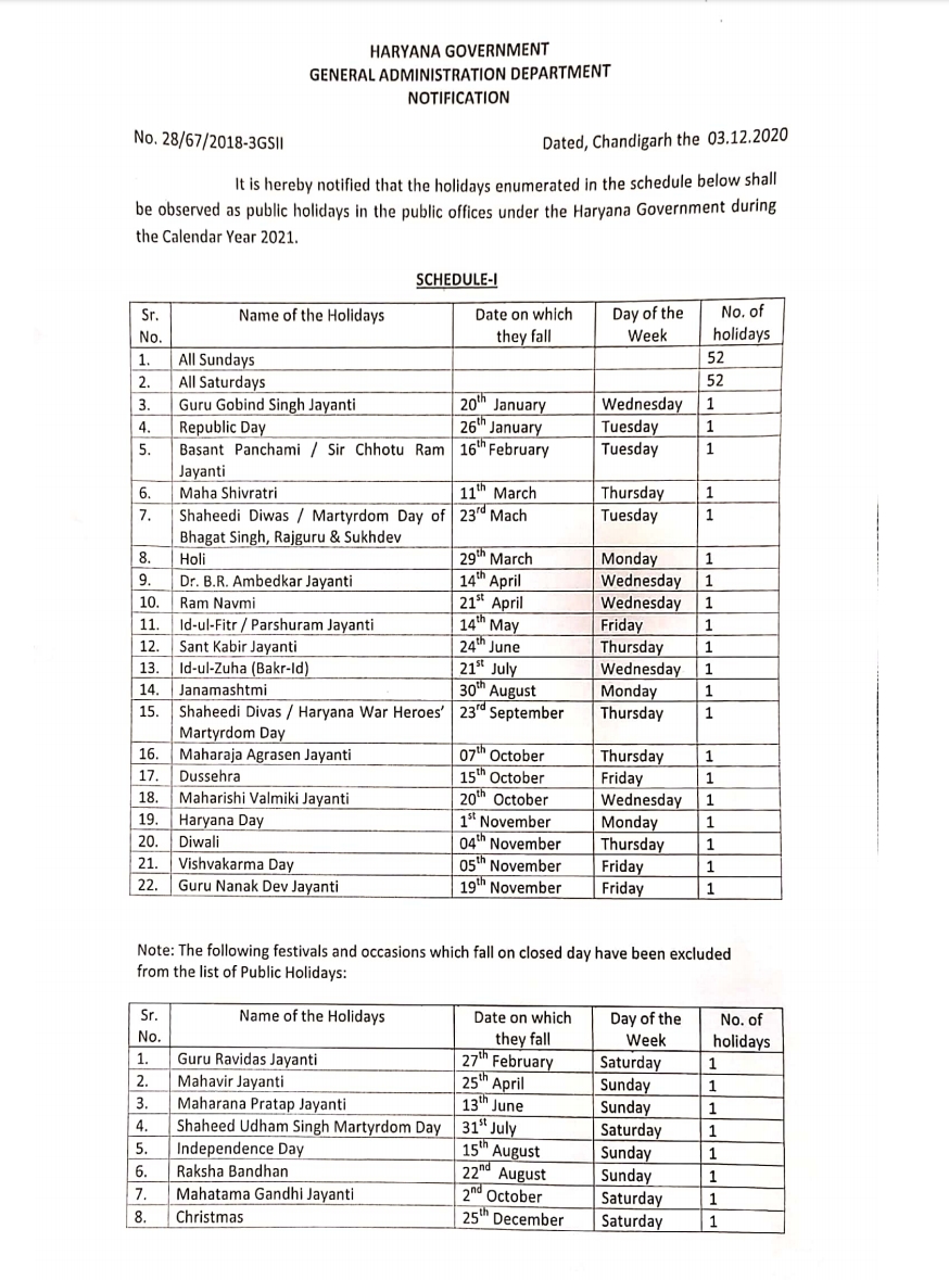 haryana 2021 year holiday calendar