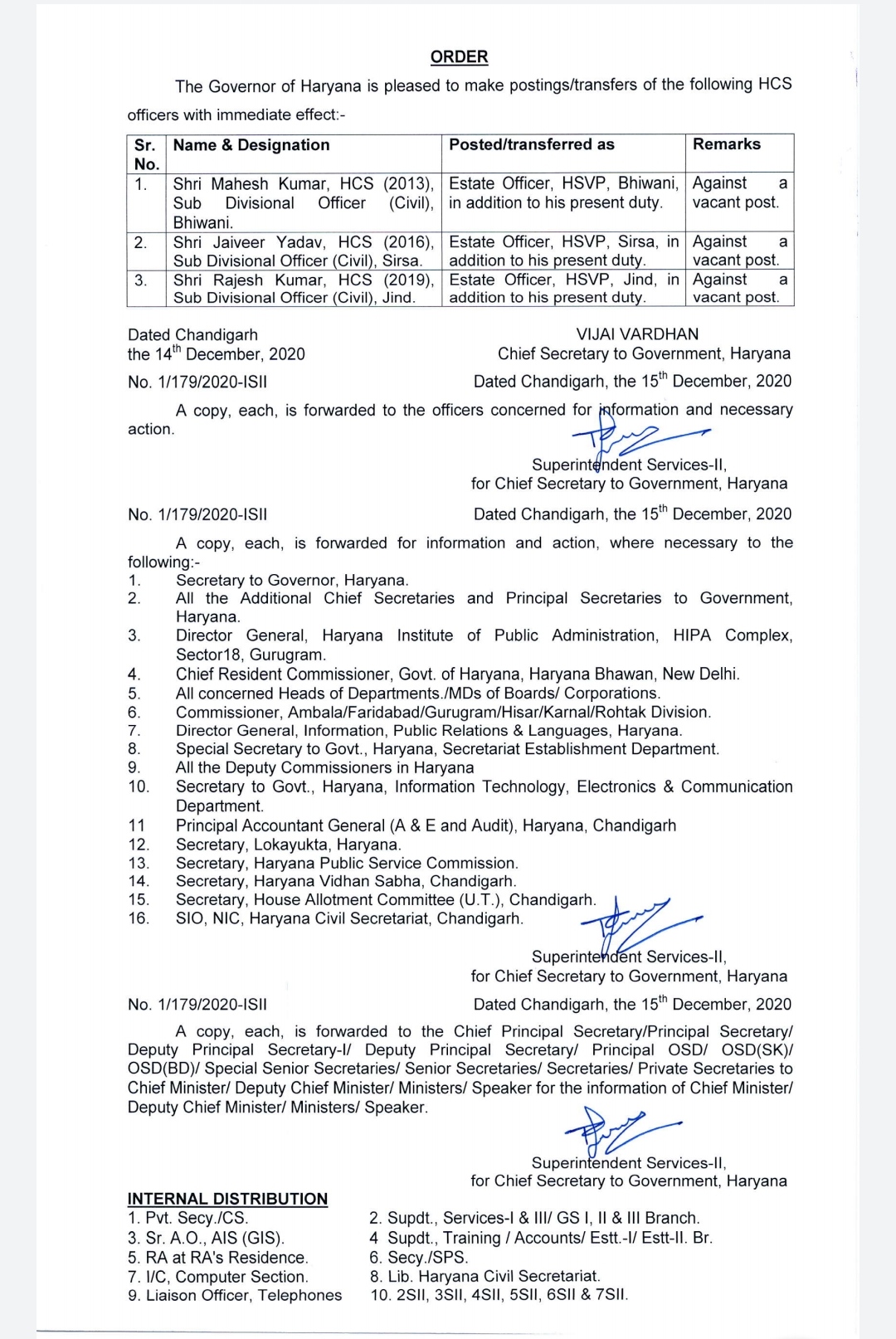 Haryana government has given additional charge to three HCS officers