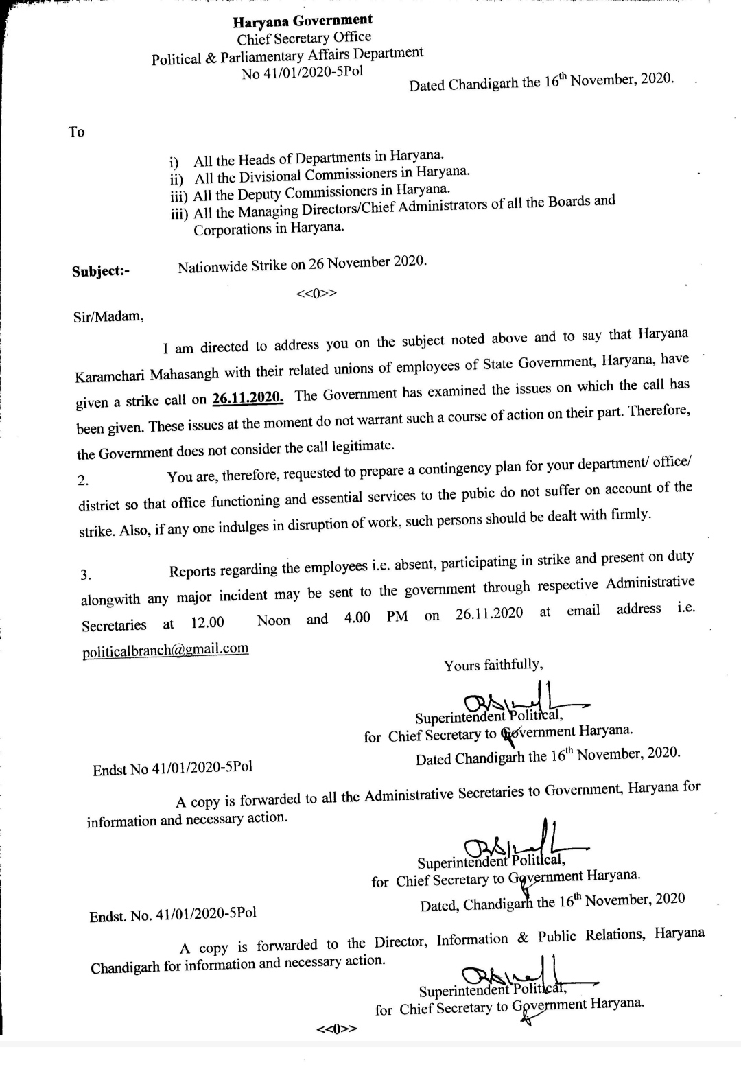 Chief Secretary order to all department send attendance report of Employees Federation's in 26 nov