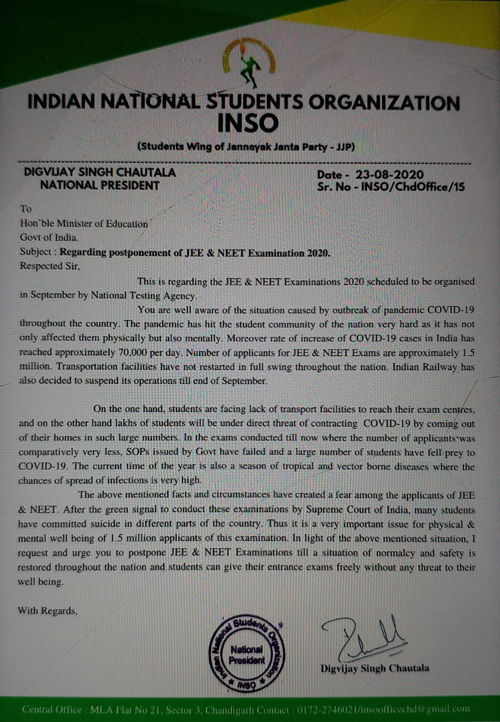 inso wrote a letter to union education minister demanding to postponement of jee and neet exam