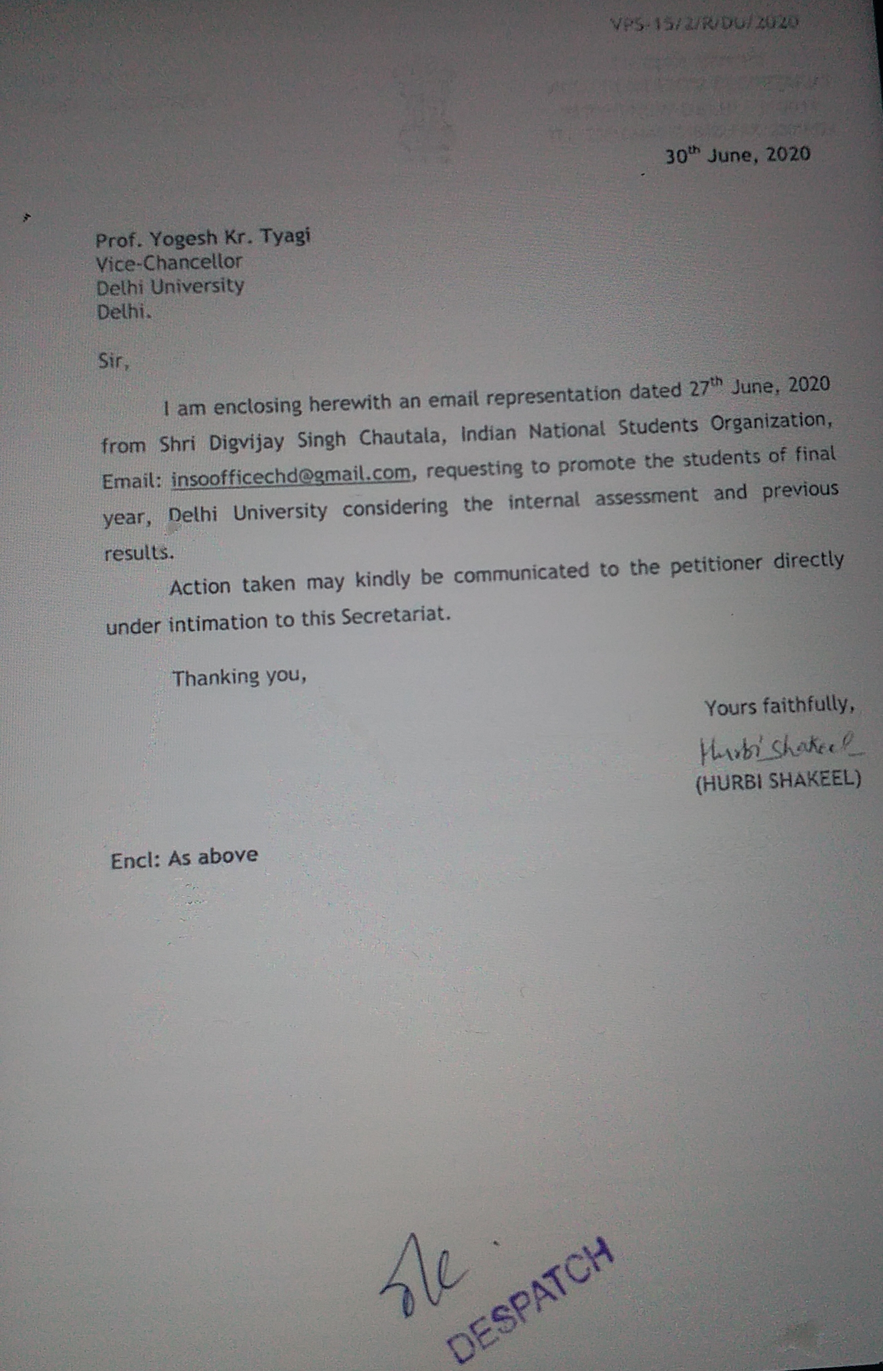 Vice President Secretariat on Digvijay Chautala's letter