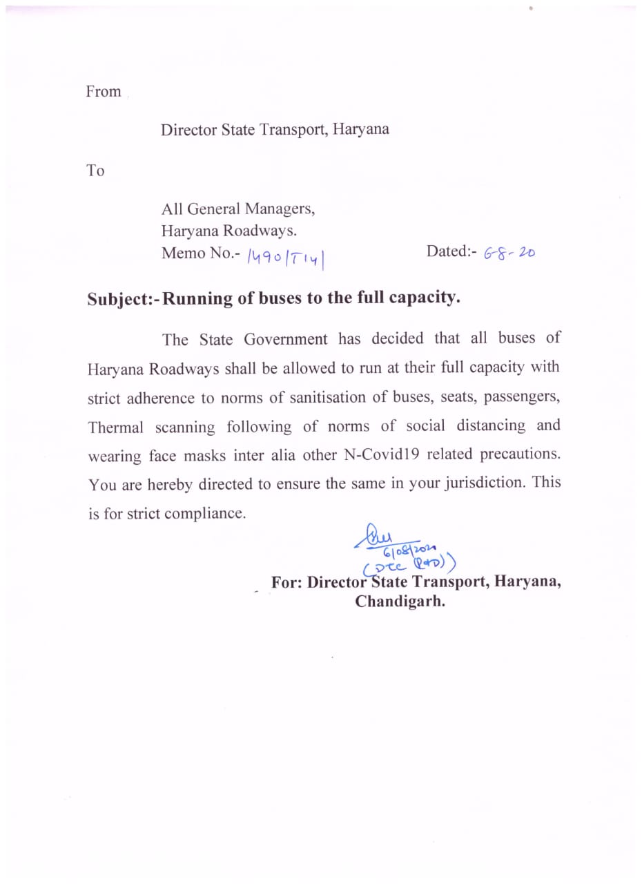 haryana government order for sitting in roadways buses