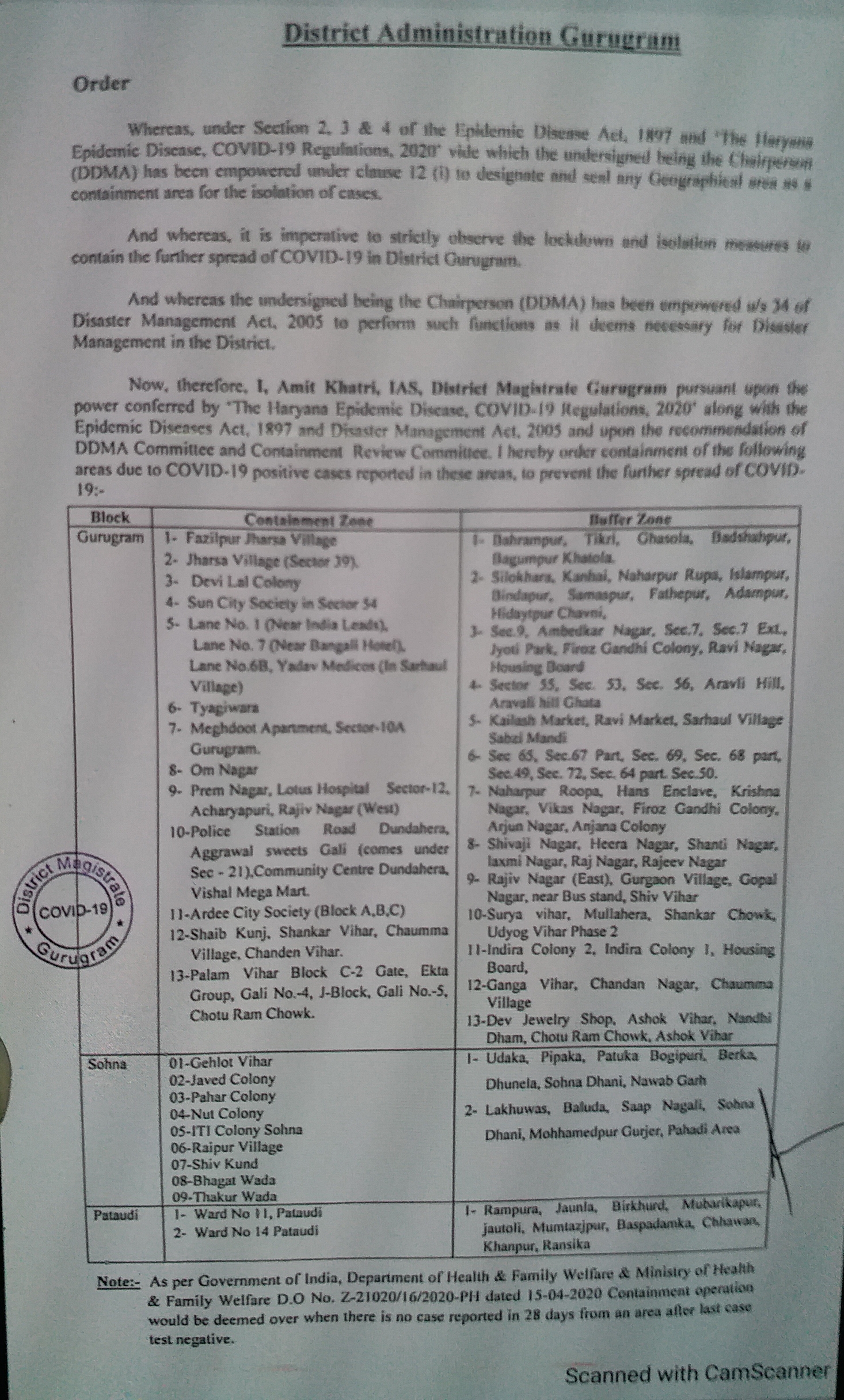 new containment and buffer zone created in gurugram