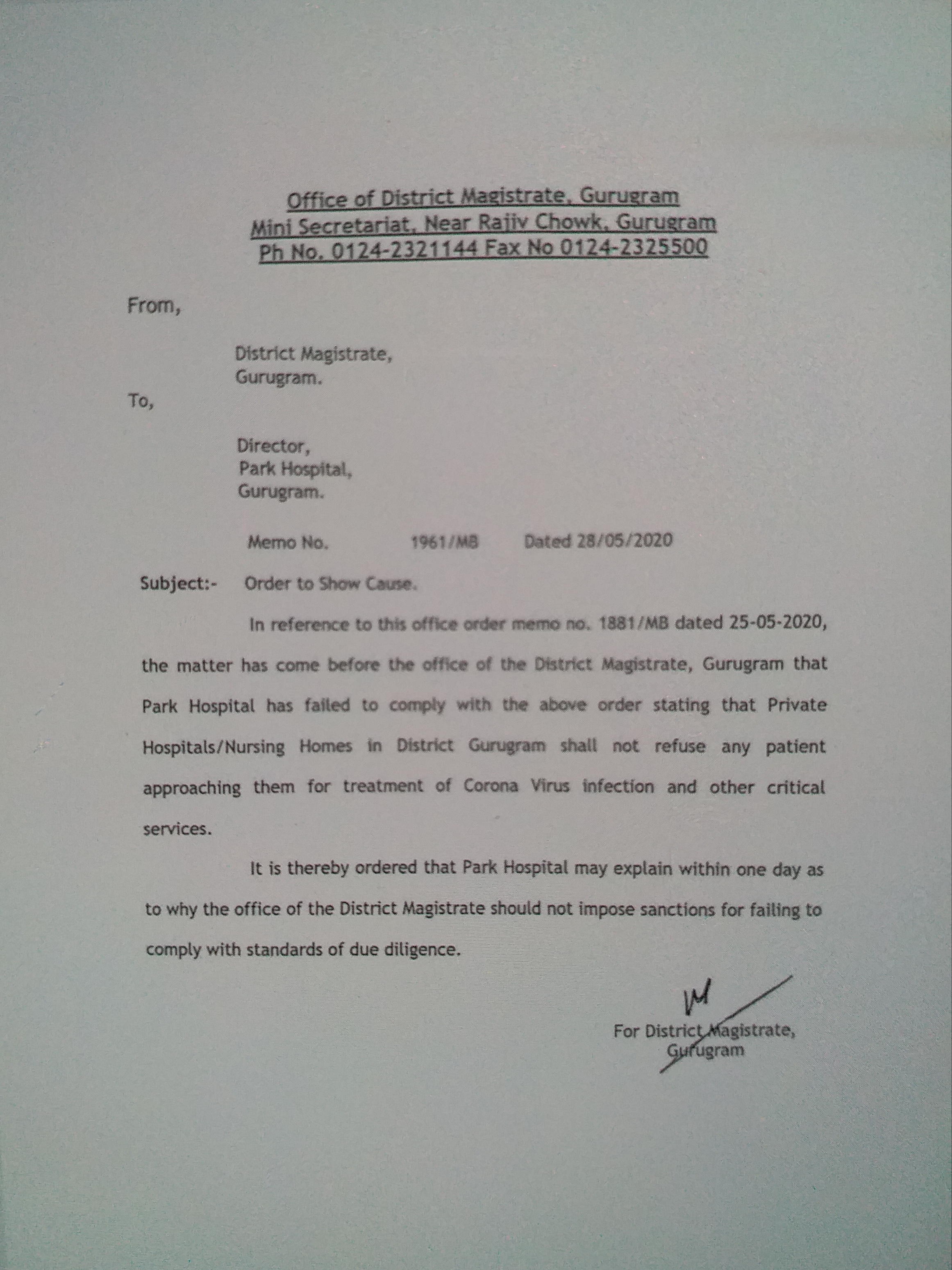 gurugram district administration send show cause notice to paras hospital and park hospital